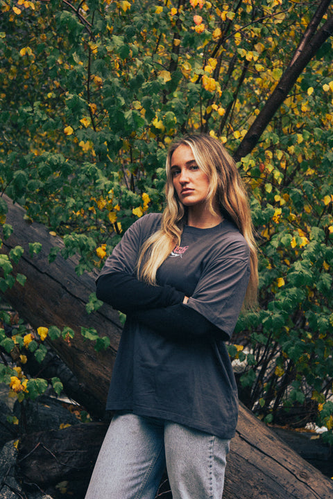 Model wearing the Dracu La tee in dark gray, front