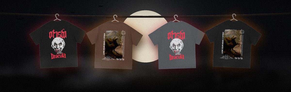 The Dracu La and Darc Horseman tees hanging under a full moon