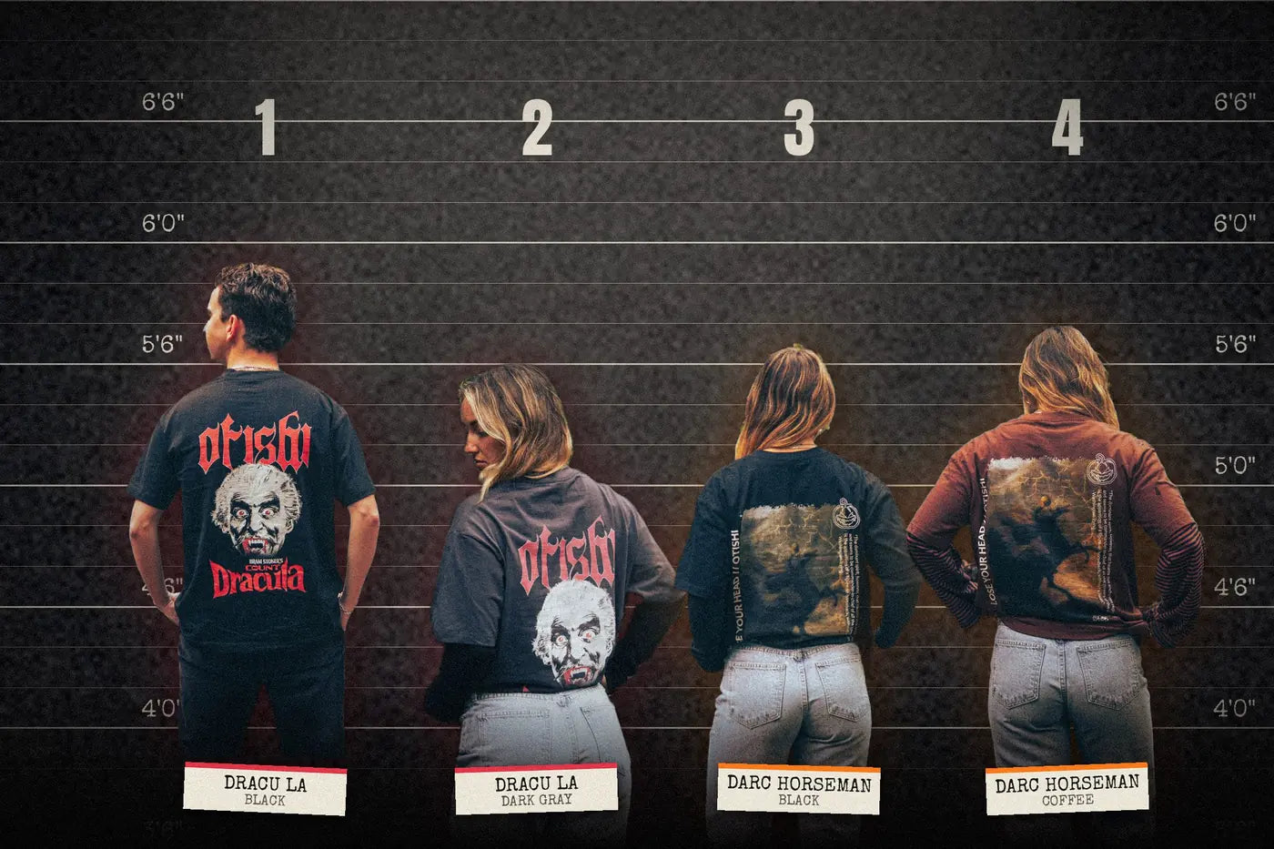 All four Halloween tees: Dracu La in Black and Dark Gray, Darc Horseman in Black and Coffee